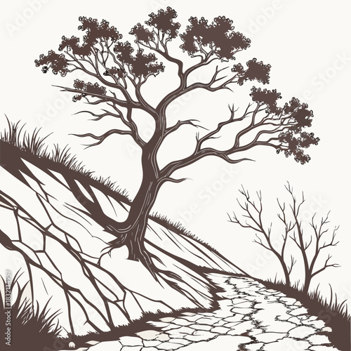 Silhouette of a gnarled tree on a rocky slope beside a cracked path with sparse grass