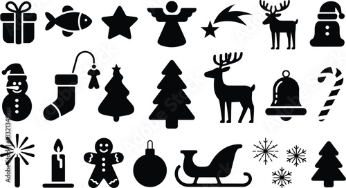 Christmas Icons Silhouette Set Festive Symbols For Holiday Decorations vector illustration