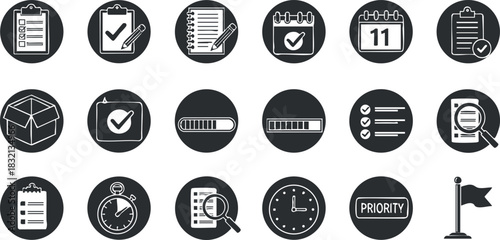 A collection of productivity and organization icons including checklists, calendars, and timers in black and white flat vector style, ideal for business and office applications