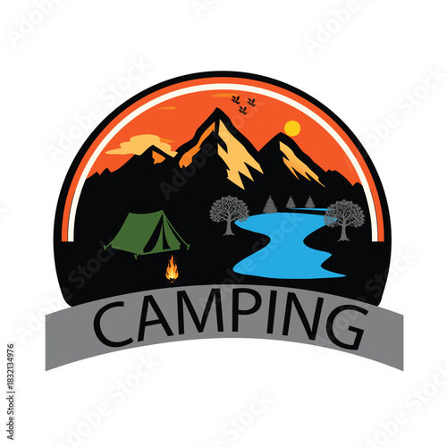 Camping adventure logo with mountain scenery