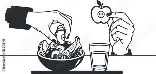 A hand reaching for a bowl of assorted vegetables with a glass of juice and an apple in minimalist black and white vector style, ideal for health and nutrition themes