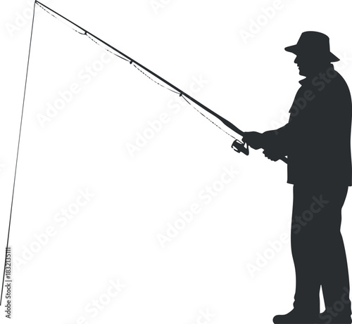 A silhouette of a fisherman casting a line in black and white minimalist vector style, ideal for outdoor and recreation themes