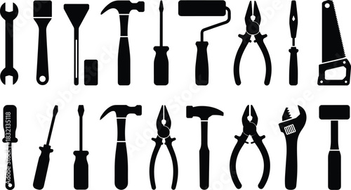 Collection of Black Silhouettes of Various Hand Tools and Construction Implements Keywords: wrench, screwdriver, putty knife