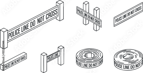 A collection of police line do not cross barriers in outline vector style, suitable for crime scene designs and safety graphics