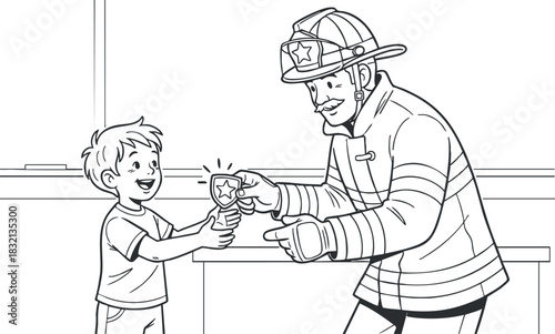 A firefighter handing a badge to a smiling child in a black and white lineart vector style, perfect for educational materials and community programs