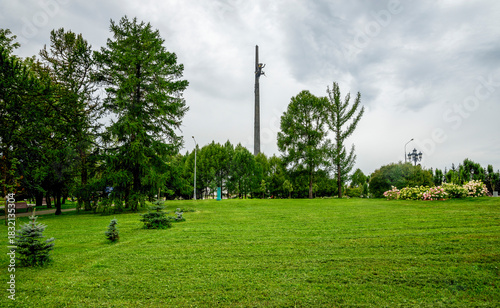 Serene View With Tall Monument Obelisk And Green Lawn In Victory Park at Poklonnaya Hill, Moscow, Russia, 10 August 2025