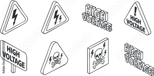 A collection of high voltage warning signs and icons in black and white outline vector style, suitable for safety graphics and signage