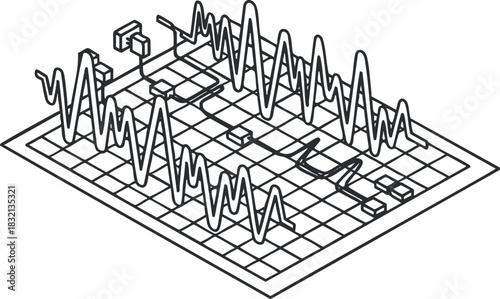 A 3D line graph representing data trends and analytics in minimalist black outline style, suitable for business presentations and reports
