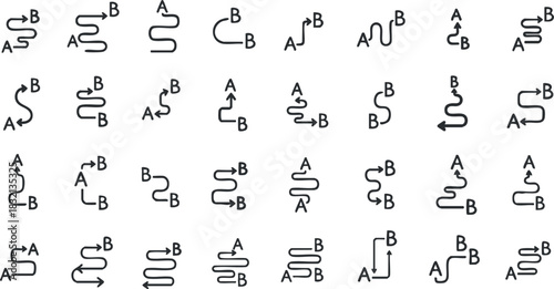 A collection of various arrow symbols and flow indicators in black and white minimalist vector style, suitable for graphic design and user interface projects