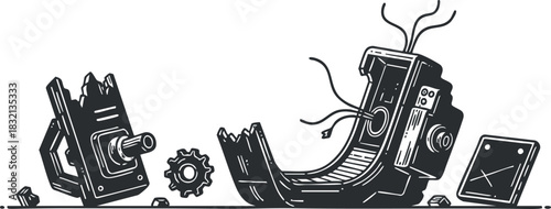 A broken mechanical device with gears and tools in black and white outline vector style, ideal for engineering and technical illustrations