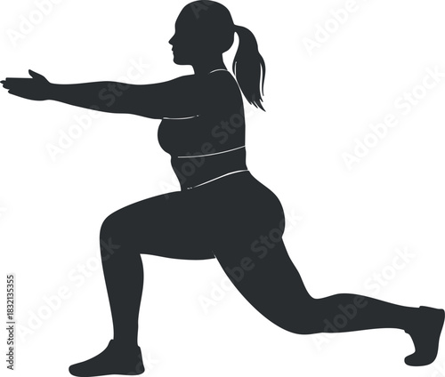 A silhouette of a woman performing a lunge exercise in black vector style, ideal for fitness and wellness themes