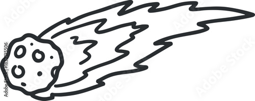 A cartoon-style comet with a bright tail in a black outline vector style, perfect for educational materials and space-themed designs