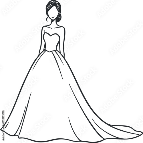 A beautiful wedding dress illustration with a strapless bodice and flowing skirt in minimalist line art style, perfect for bridal fashion designs