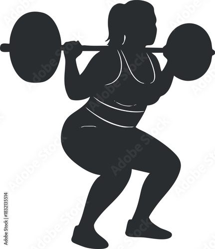 A silhouette of a woman performing a squat with a barbell in a minimalist vector style, ideal for fitness and health branding