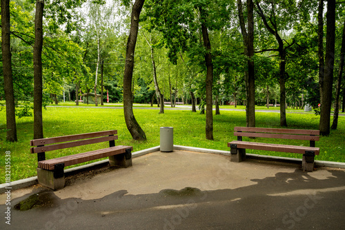 Two Wooden Park Benches For Resting In Victory Park On Poklonnaya Hill, Moscow, Russia, 10 August 2025