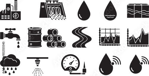 Water Resources and Management Icons Industry Hydropower and Conservation.