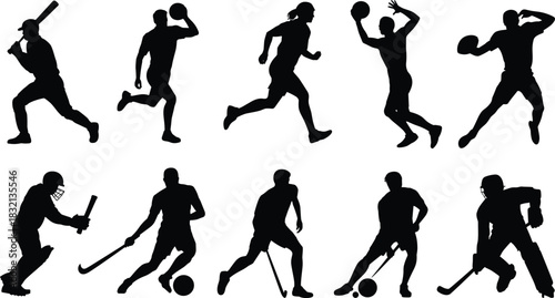 Diverse Sports Silhouettes Collection Black Figures on White Background athlete