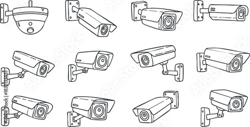A collection of various CCTV surveillance cameras in black outline vector style, suitable for technology and safety projects