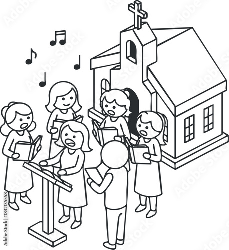 A joyful choir singing in front of a church in minimalist outline vector style, perfect for religious themes and community events