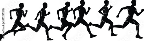 WebBlack Silhouette Vector Set of Six Male Runners Jogging, Displaying Sequential Motion for Fitness Advertising and Sport Design Elements.