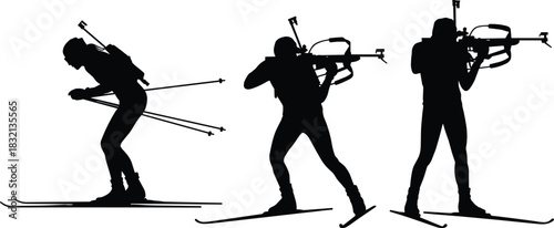 WebBlack Silhouette Vector Set of Biathlon Athletes Skiing and Aiming Rifles, Ideal for Winter Sports Events and Competition Graphics.