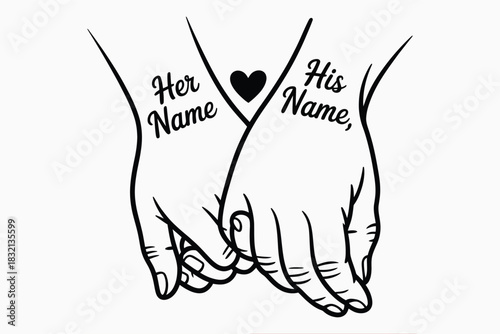 Her Name His Name pinky promise couple hands line-art design with heart and customizable names