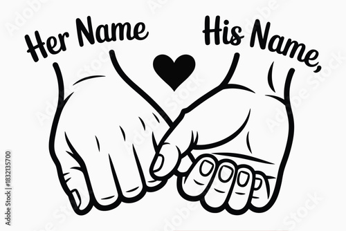 Her Name His Name pinky promise couple hands line-art design with heart and customizable names