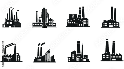 Factory industrial buildings vector icons silhouette set design