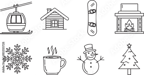 Winter Holiday Icons Gondola Cabin Snowboard Fireplace Snowflake Hot Drink Snowman Christmas Tree.