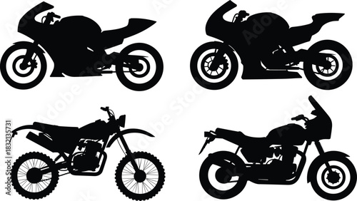 Four Different Motorcycle Silhouettes on a White Background bike vehicle