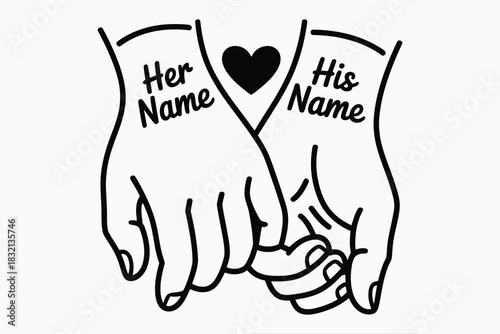Her Name His Name pinky promise couple hands line-art design with heart and customizable names