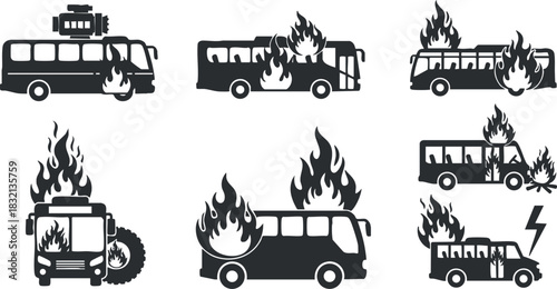 A collection of bus icons on fire in black and white vector style, ideal for emergency and safety graphics