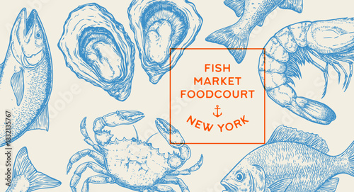 Card, seafood tag, label, symbol sketch. Vintage retro print, seafood sketch, sea life, ink pencil style drawing engrave old school sketch, hand drawn. Sketch artwork seafood. Vector Illustration