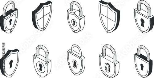 A collection of various padlock and shield icons in clean black and white outline vector style, suitable for security-themed projects