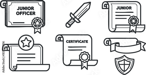 A collection of certificates, a sword, and a badge in clean outline vector style, suitable for educational and professional achievements