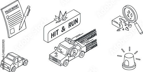 A set of icons depicting a hit and run incident in flat outline vector style, ideal for legal and safety awareness projects