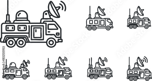 A set of satellite communication vehicles in minimalist line art vector style, suitable for technology and media projects