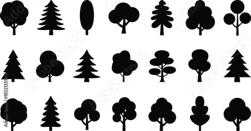 Set of stylized black tree silhouettes with different shapes and forms Keywords: tree, silhouette, black, nature, plant, forest