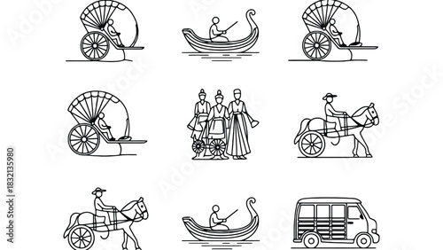 Vintage transportation methods vector art line drawing design