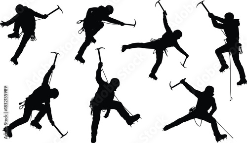 Silhouette Collection Of Ice Climbers Scaling A Steep Vertical Ice Wall ice climbing ice axe