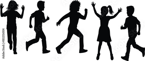 PrintBlack Silhouettes of Happy Children Running and Jumping Together, Group of Diverse Boys and Girls Playing Outdoors, Energetic Vector Graphic of Kids in Motion Isolated on White