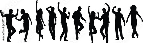 WebBlack Silhouettes of Ten Young People Dancing and Celebrating in High Energy Poses, Representing Party, Nightlife, and Joyful Freedom