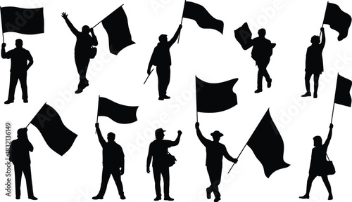 Silhouettes of people holding and waving flags in various poses on white background vector illustration
