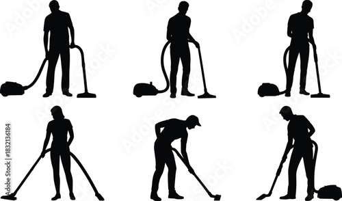 Silhouettes of people vacuuming floors in various poses vacuum cleaner cleaning