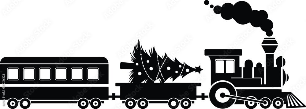Naklejka premium PrintChristmas Train Silhouette Vector Illustration, Steam Locomotive with Holiday Tree Cargo, Festive Transportation Grad White Christmas Express Icon, Winter Journey Con