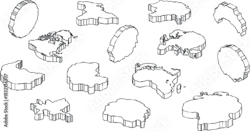 A collection of continent outlines in minimalist black and white vector style, suitable for educational and geographical projects