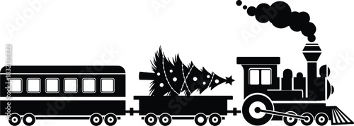 PrintChristmas Train Silhouette Vector Illustration, Steam Locomotive with Holiday Tree Cargo, Festive Transportation Grad White Christmas Express Icon, Winter Journey Con