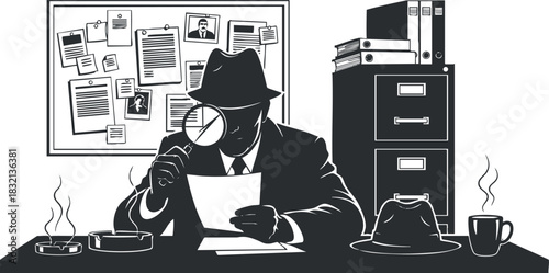 A detective reading a file with a magnifying glass in black and white vintage vector style, ideal for mystery and crime-themed design