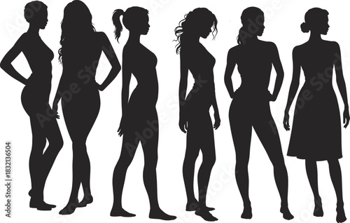 WebCollection of diverse, stylish female fashion model silhouettes in various standing poses, capturing contemporary beauty, elegance, and youthful urban lifestyle