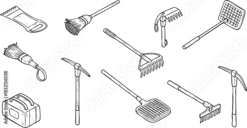 A collection of gardening tools including a broom, rake, shovel, and hoe in black and white outline vector style, ideal for gardening and landscaping projects